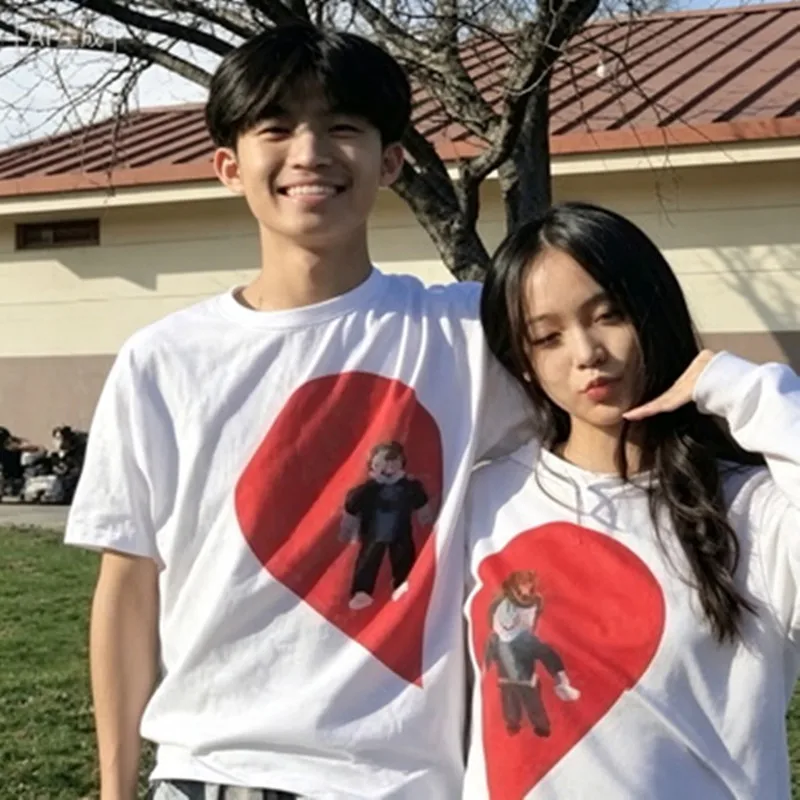Couple Red Heart Patterned T-shirt Men and Women Short-sleeved Casual Streetwear Men's T-shirt and Women's T-shirt Harajuku Y2k