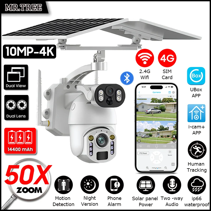 

4K 50-кратная оптическая солнечная камера с двумя объективами для улицы, 10 МП, 4G SIM, PTZ, Wi-Fi, видеонаблюдение, отслеживание людей, IP-камера