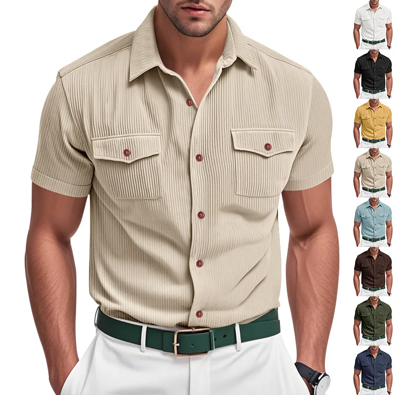 Fashion Ribbed Textured Corduroy Cargo Shirt Men Summer New Casual Solid Color Buttoned Shirts Mens Leisure Short Sleeve Shirts