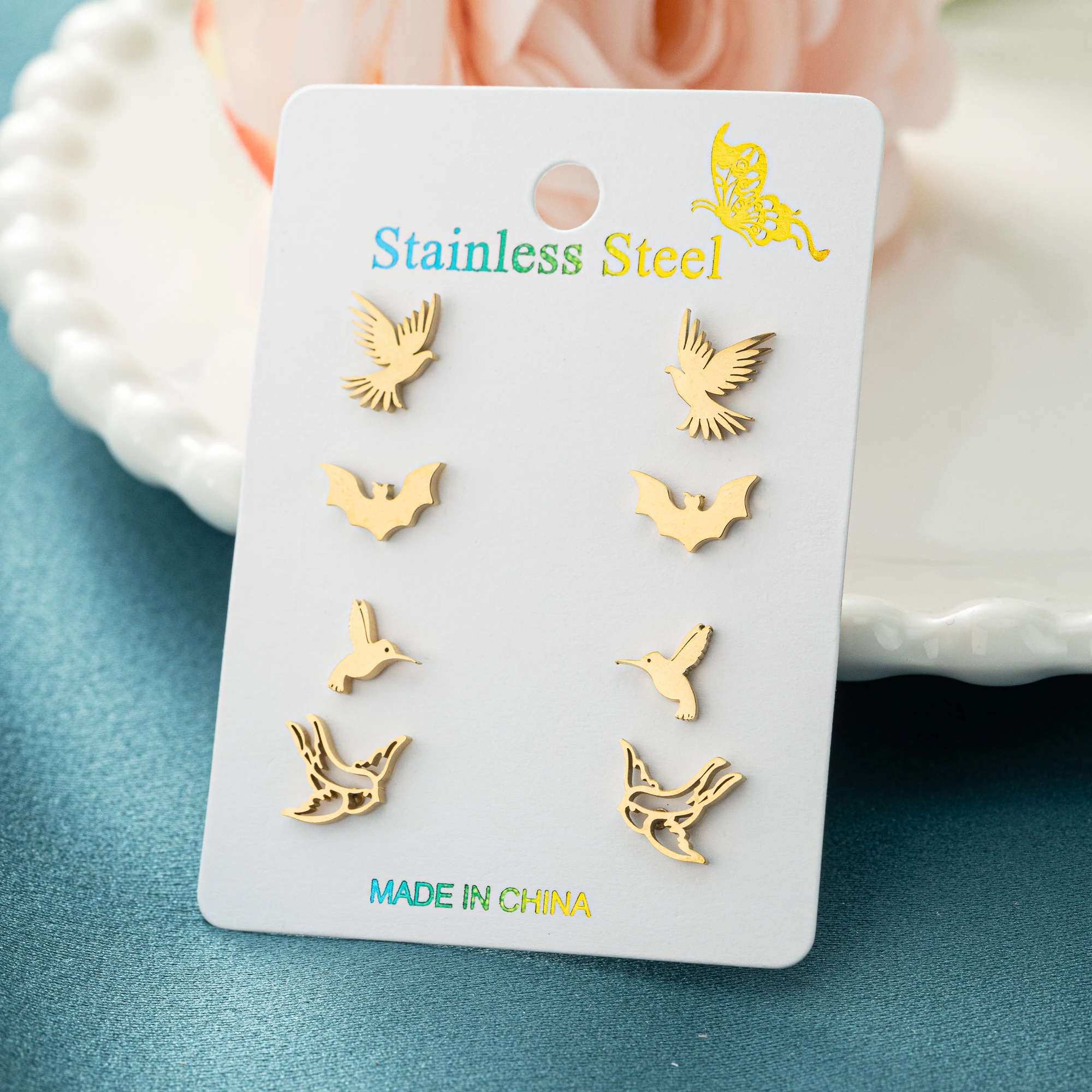 4Pair/Lot Korean Fashion Animal Hummingbird Earrings For Women Rose Gold Stainless Steel Swallow Small Earring Tragus Jewelry