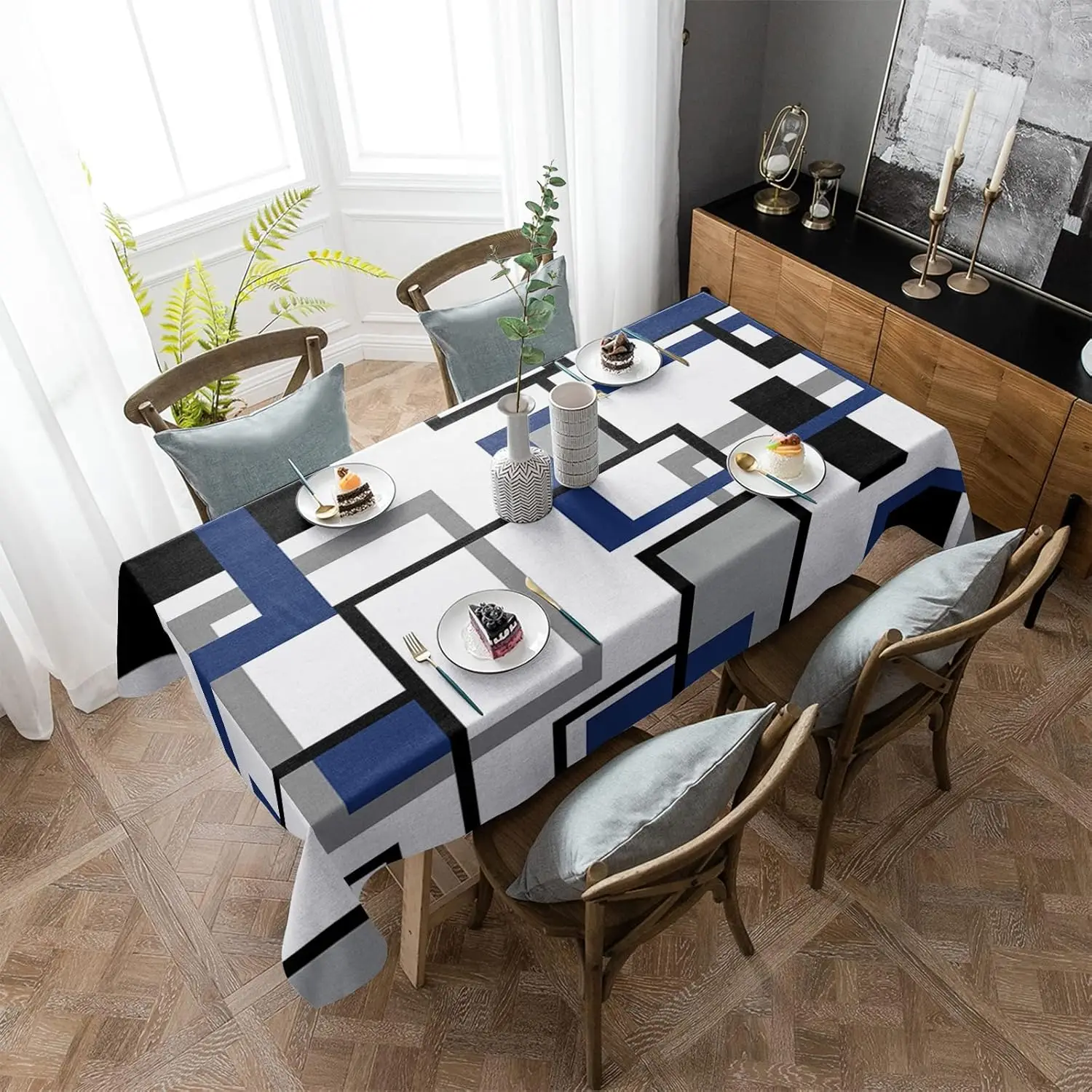 Mantel rectangular geométrico abstracto moderno, azul marino, negro, decoración de mesa, mantel de comedor de cocina