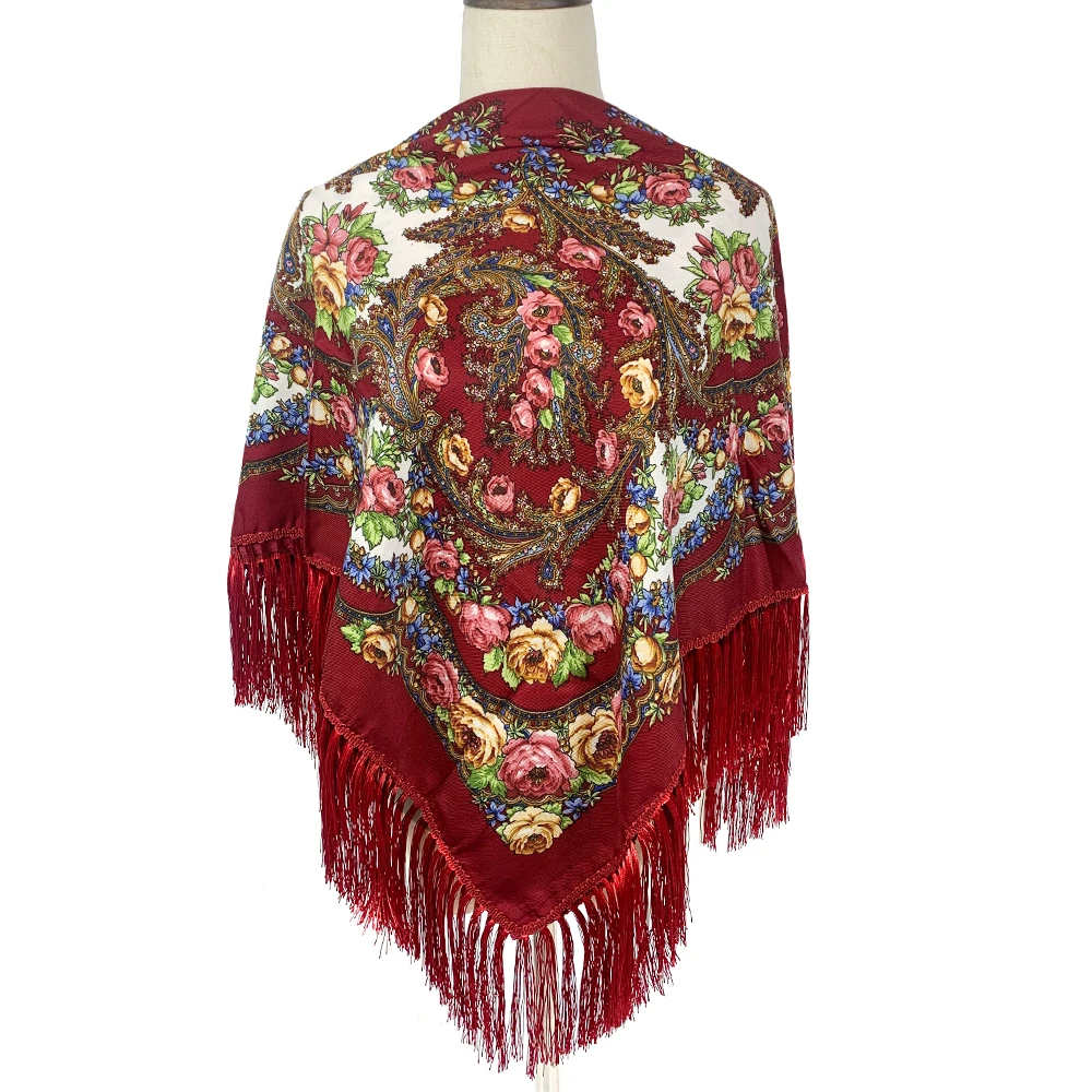 115*115cm Women Russian Style Floral Print Square Scarf Shawl Retro Fringed Scarves Wraps Ethnic Shawls Bandana Handkerchief