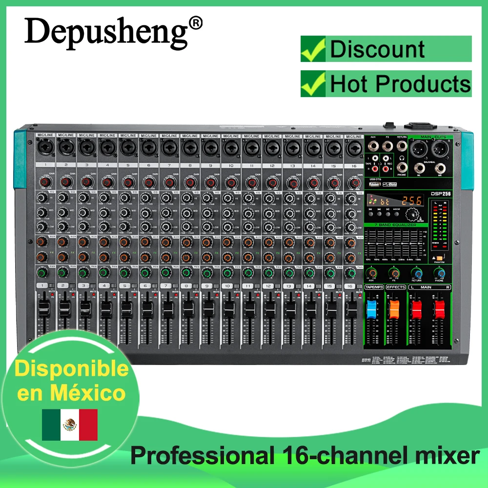 16 Channels Audio Sound Mixer Depusheng MG16 Mixing DJ Console USB with 48V Phantom Power 256 DSP Effects Sound Table for stage