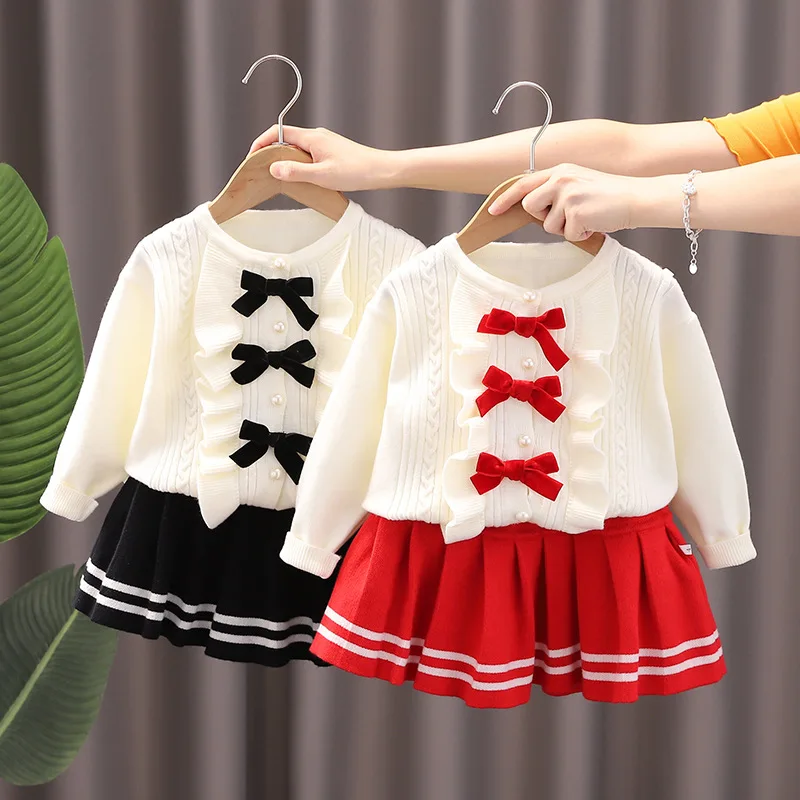 New Autumn Winter Children Girl 2PCS Clothes Set Loose Knotbow Knitted Sweater Korean Red Pleated Skirts Infant Baby Girl Outfit