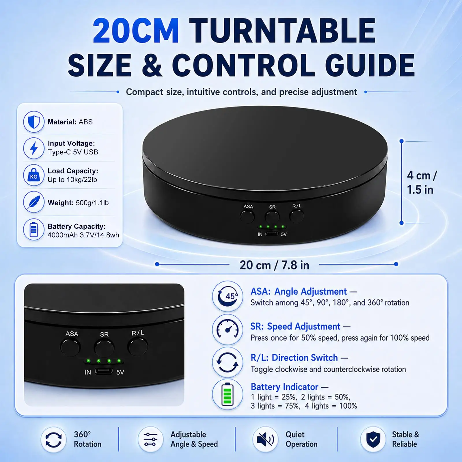 PULUZ 20cm 15cm Electric 360 Degree Rotating Display Stand Turntable, Speed / Angle / Direction Adjustable, Load 5-10kg/ 1-5kg