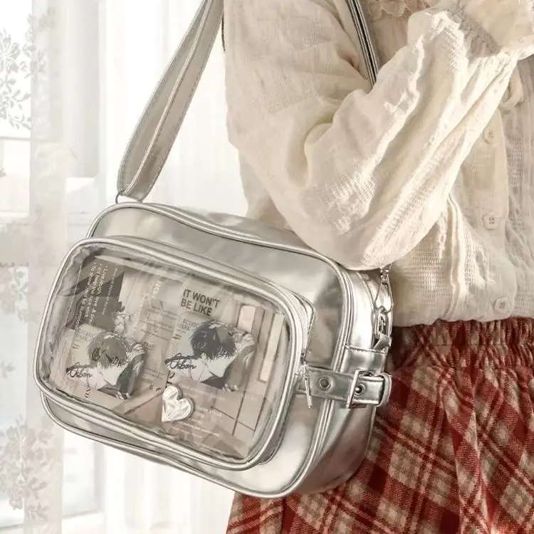 

Japanese Harajuku Multi Layer Shoulder Bag Women Anime Transparent Badge Ita Bag Ladies Minimalist Large Capacity Crossbody Bags