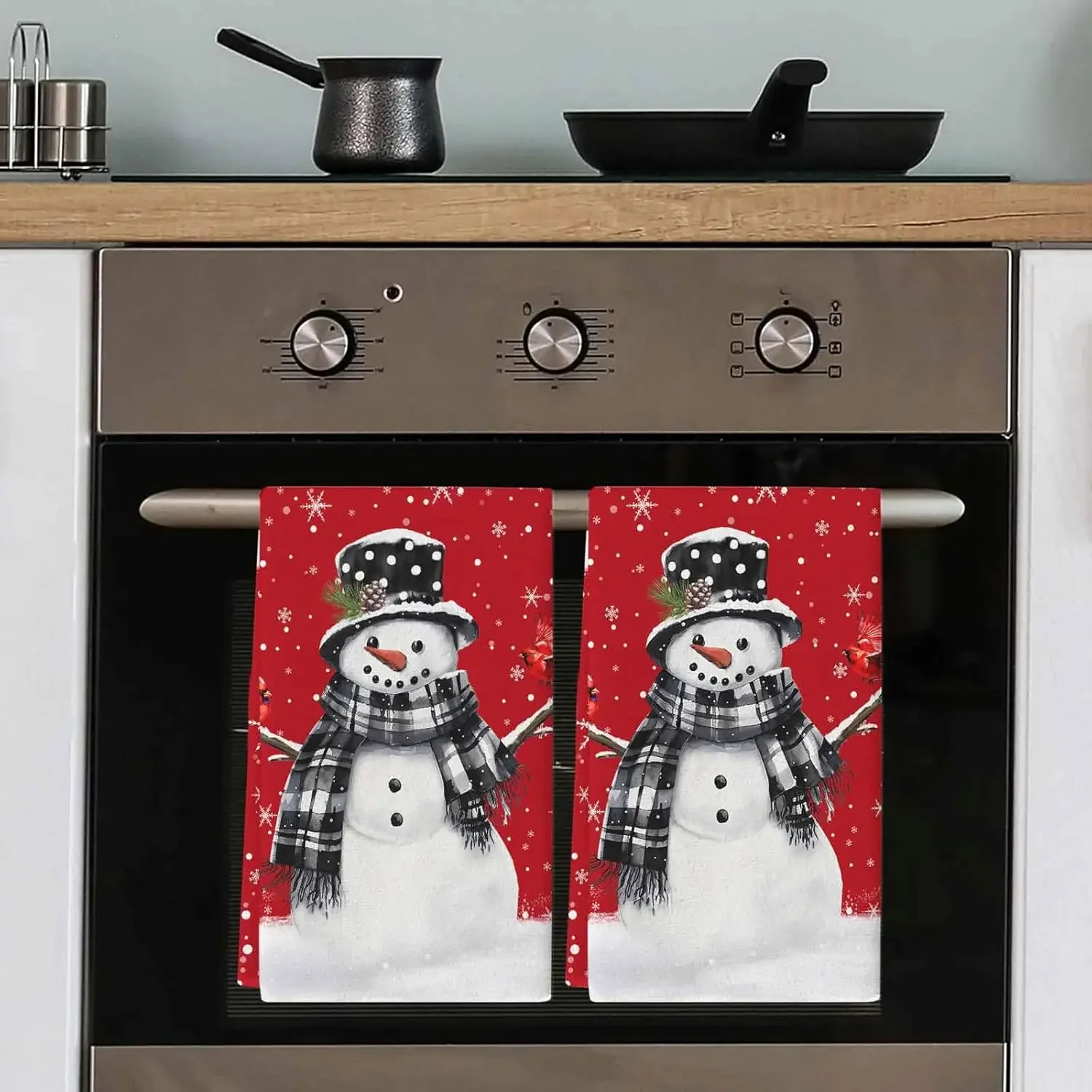 Christmas Snowman Cardinal Bird Snowflake Red Kitchen Dish Towels Cleaning Supplies Quick Drying Hand Towels Set Xmas Decoration