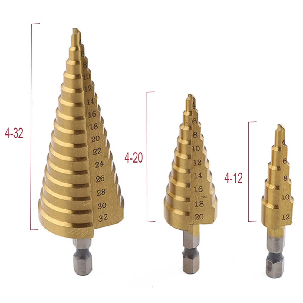 Broca de Passo Revestida de Titânio HSS, Ferramentas Elétricas de Perfuração, Metal, Alta Velocidade, Aço, Cortador de Madeira, Cone Drill, 4-12mm, 20mm, 32mm