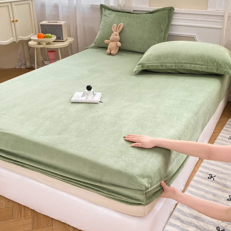 2025 Winter Milk Velvet Solid Fitted Sheet Set Thickened Warm Comfortable Mattress Protective Cover Soft Home Decor for Bedroom