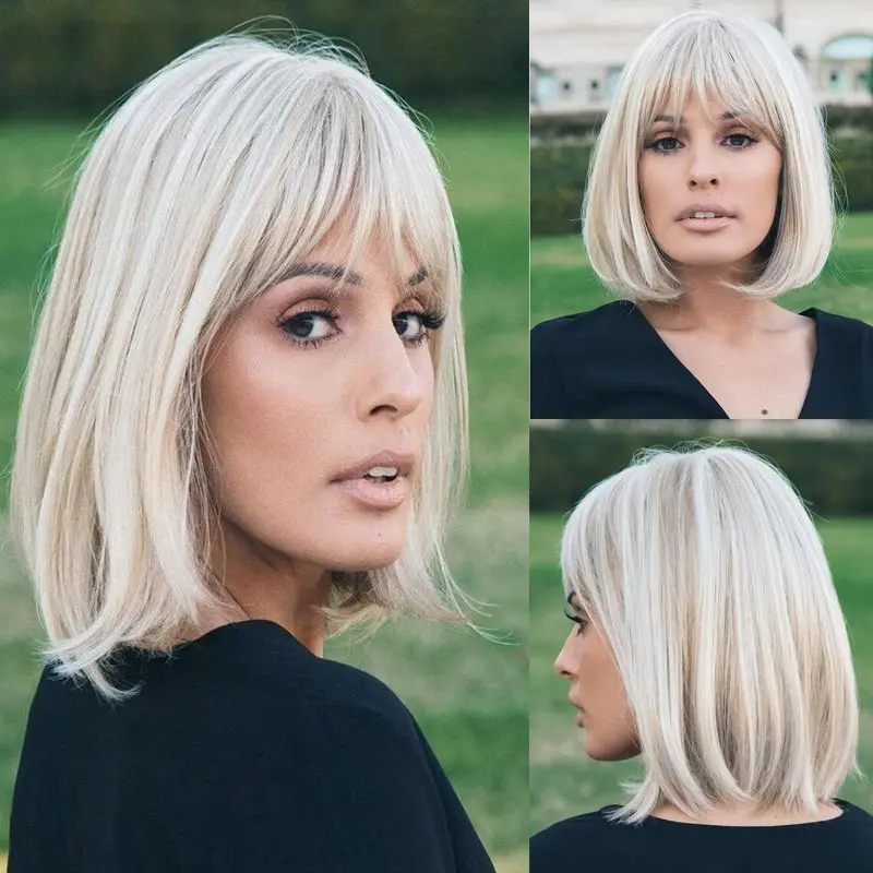 

Bob Hair with Bangs Short Blonde Grey Synthetic Wigs for Women Soft Healthy Heat Resistant Mommy Wig for Daily Party