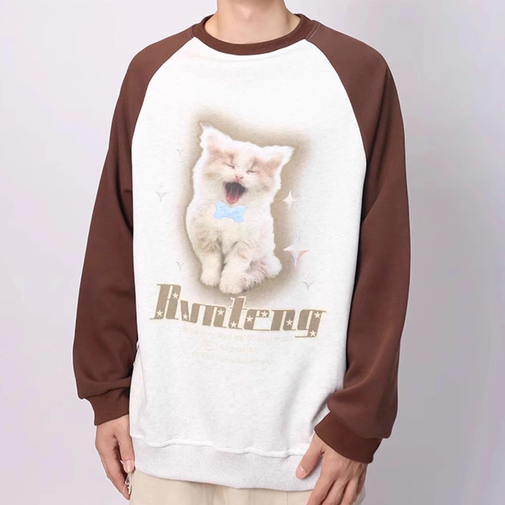 High Quality Cotton Y2K Brown Raglan Sleeve Sweatshirt for Girls Cute Cat Cartoon O-neck Hoodies Harajuku Couples Kawaii Clothes