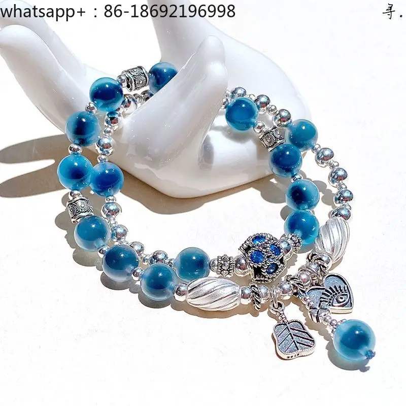 Transfer Bead Natural Blue Sugar Heart Agate 925 Sterling Silver Original Retro Multi-circle Bracelet