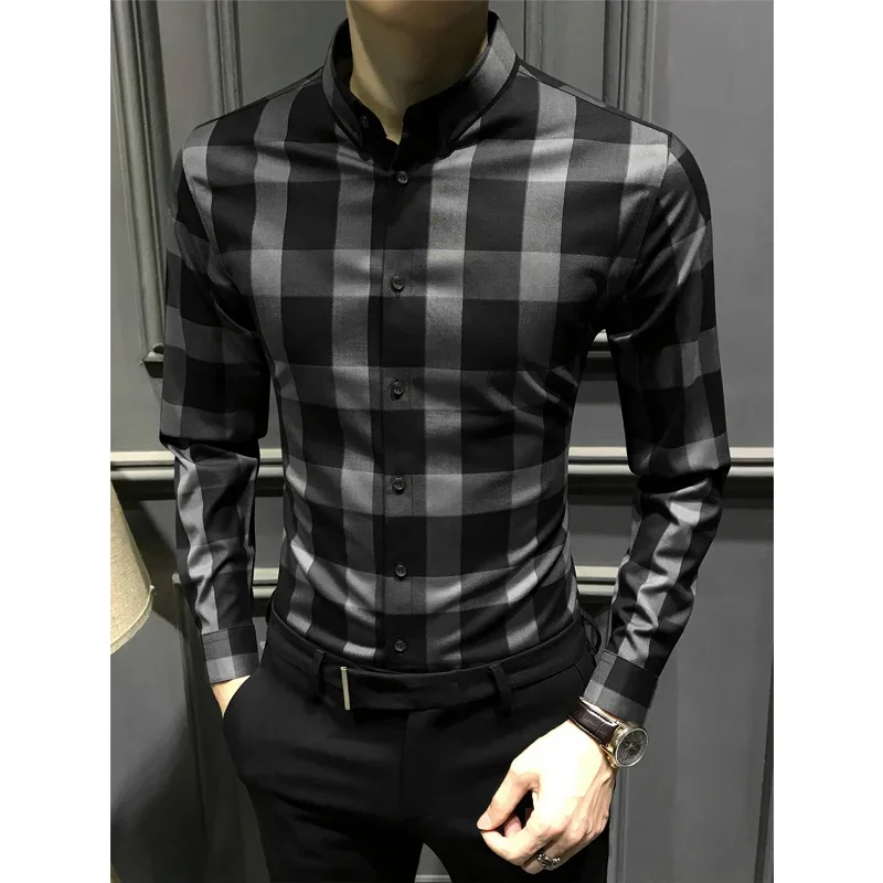 2023 Spring and Summer New Men\'s High Quality Plaid Shirts Loose Business Casual Silk Smooth Shirt Long Sleeve shirts for men