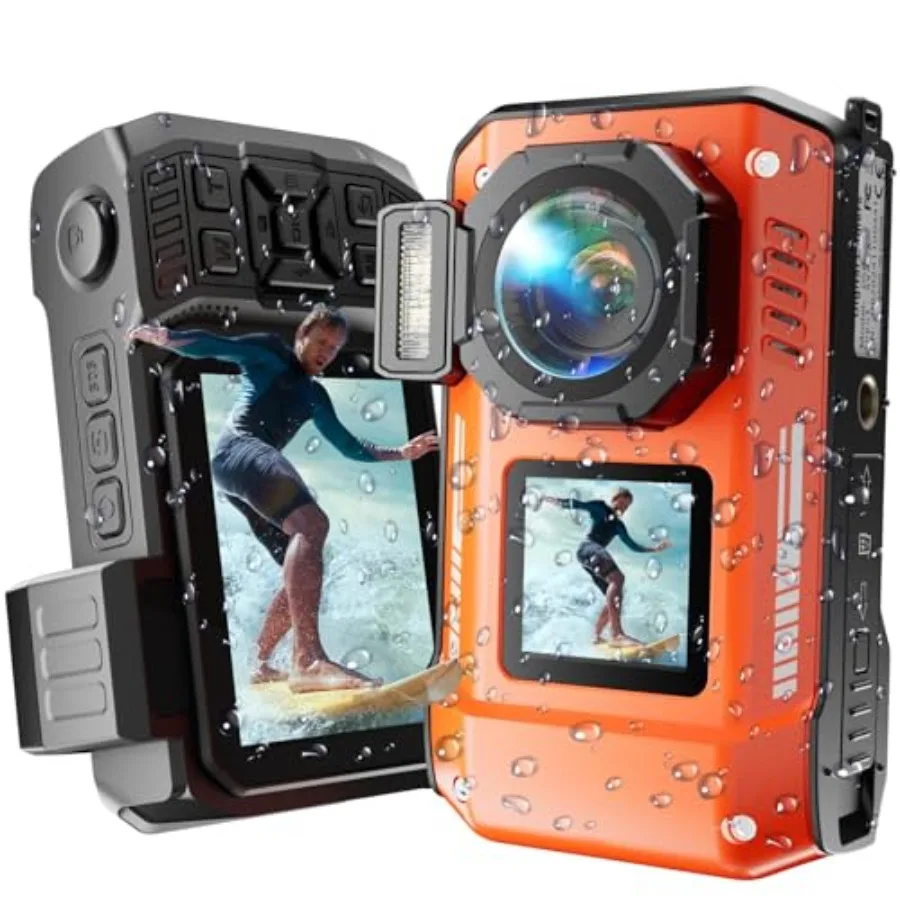 Underwater digital camera for snorkeling, 8K/70MP, 33FT waterproof, orange, floatable dual-screen selfie with 64GB card and 250