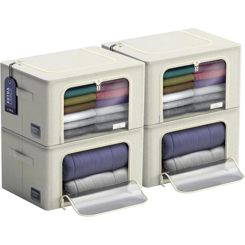 

Набор из 4 больших тканевых контейнеров для хранения с металлическим каркасом, прозрачным окном и ручками для переноски, складные органайзеры для одежды, которые можно штабелировать