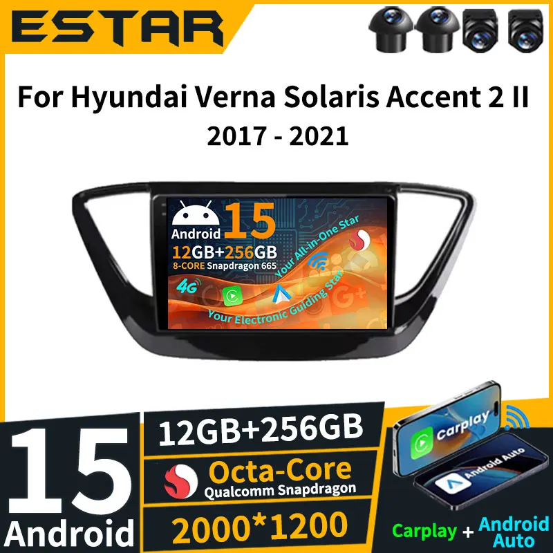 For Hyundai Verna Solaris Accent 2 II 2017 - 2021 Wireless Carplay Auto Android 15 2din QLED Video Player Head Unit BT 2K Screen