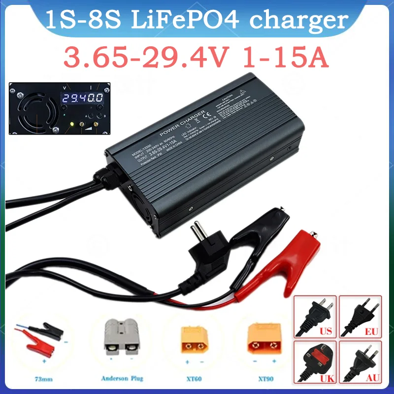 3.65V-29.4V 1-15A Lifepo4 Fast Charger 14.6V 24V LFP Energy Storage Solar Iron Phosphate RV Battery Cell Smart Charger 3.65 Volt