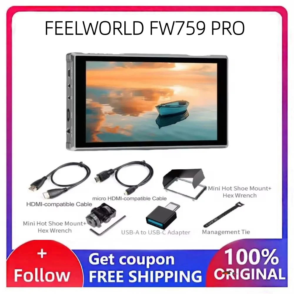 FEELWORLD FW759 PRO 7 Inch Touch Screen Camera Field Monitor, 1000:1 High Contrast 4K HDMI Input Output On-Camera Video Monitor