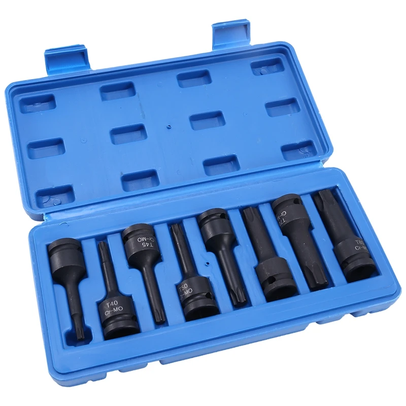 Torx Bit Star Socket 1/2Inch Square Drive 8Pcs Set T30 T40 T45 T50 T55 T60 T70 CR-MO Impact Socket Bit Tool 78Mm Long