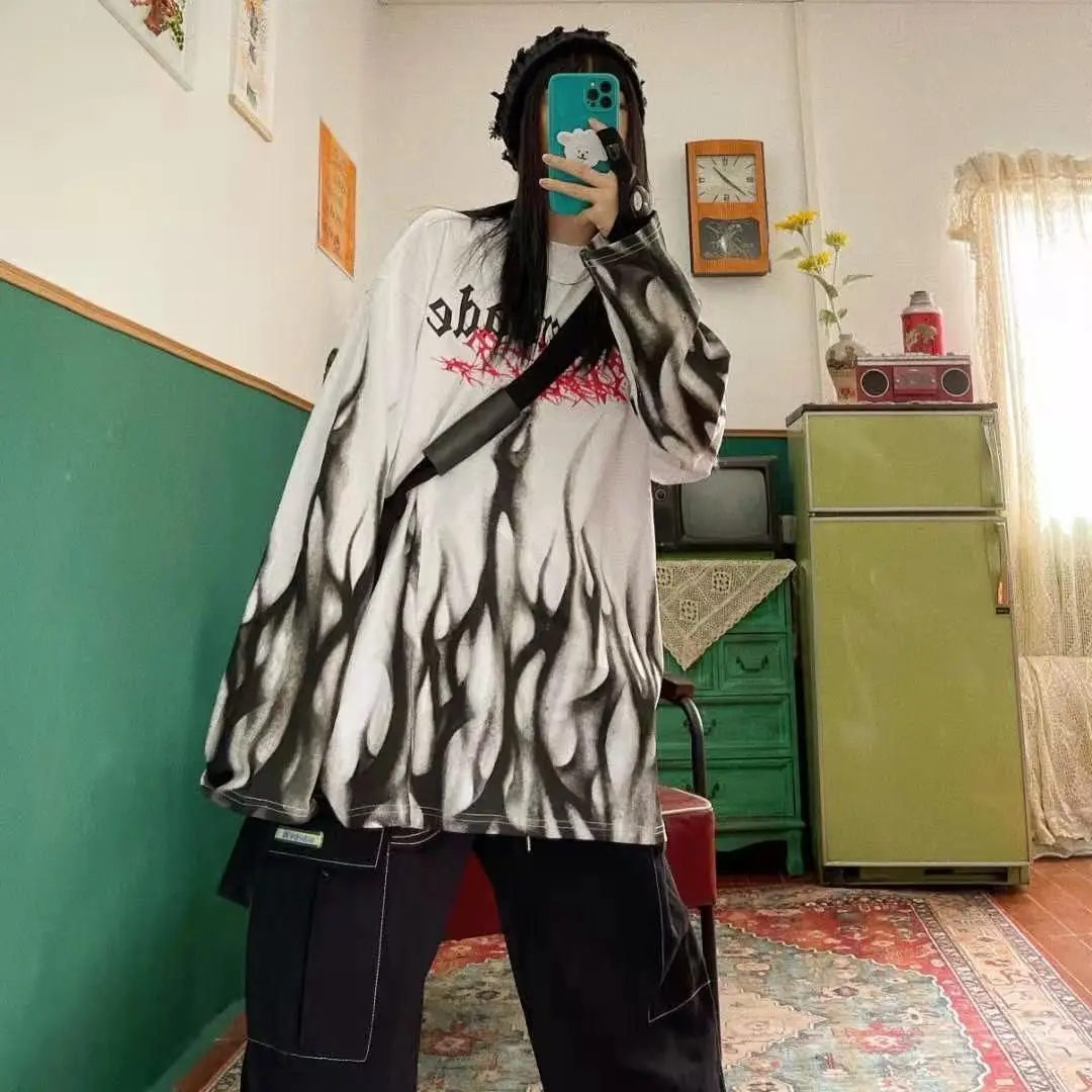 Hip Hop Dark Flame Print Women O Neck Long Sleeve T Shirt Fashion Vintage All-match Punk 2xl Oversized Streetwear Tops Carnival