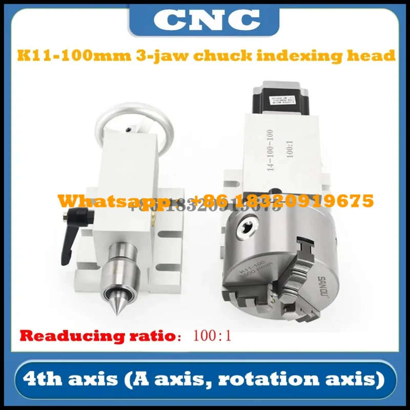 CNC 50:1 100:1 4th axis backlash-free harmonic reducer gearbox K11-100mm 3-jaw chuck indexing head with 65mm tailstock