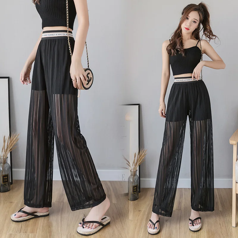 

Cheap wholesale 2022 spring summer new fashion casual Popular long women Pants woman female OL wide leg Mesh Chiffoon sunscreen