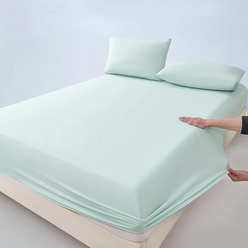 Cooling Feel Single Double Bed Sheet Summer Ice Silk Fitted Sheet and Pillowcase Breathable Silky Cool Bedsheet Can Custom Sizes