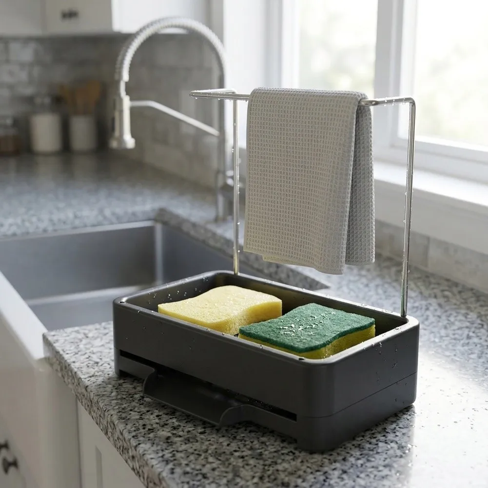 For Kitchen Sink Caddy with Detachable Towel Bar and Hollow Drain Design for Keeping Countertop Dry and Organized