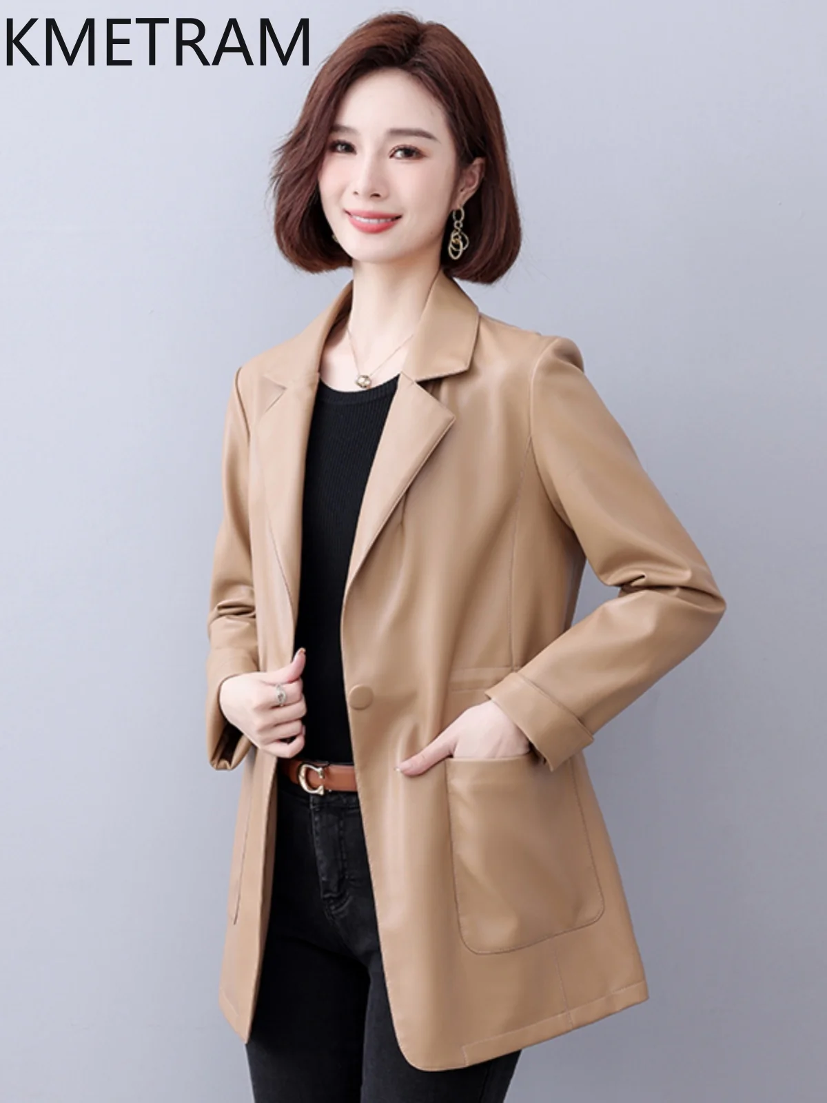 KMETRAM Real Sheepskin Leather Womens Jacket High Quality Autumn Women's Clothing Mid Length Coats Korean Suit Chamarra Mujer