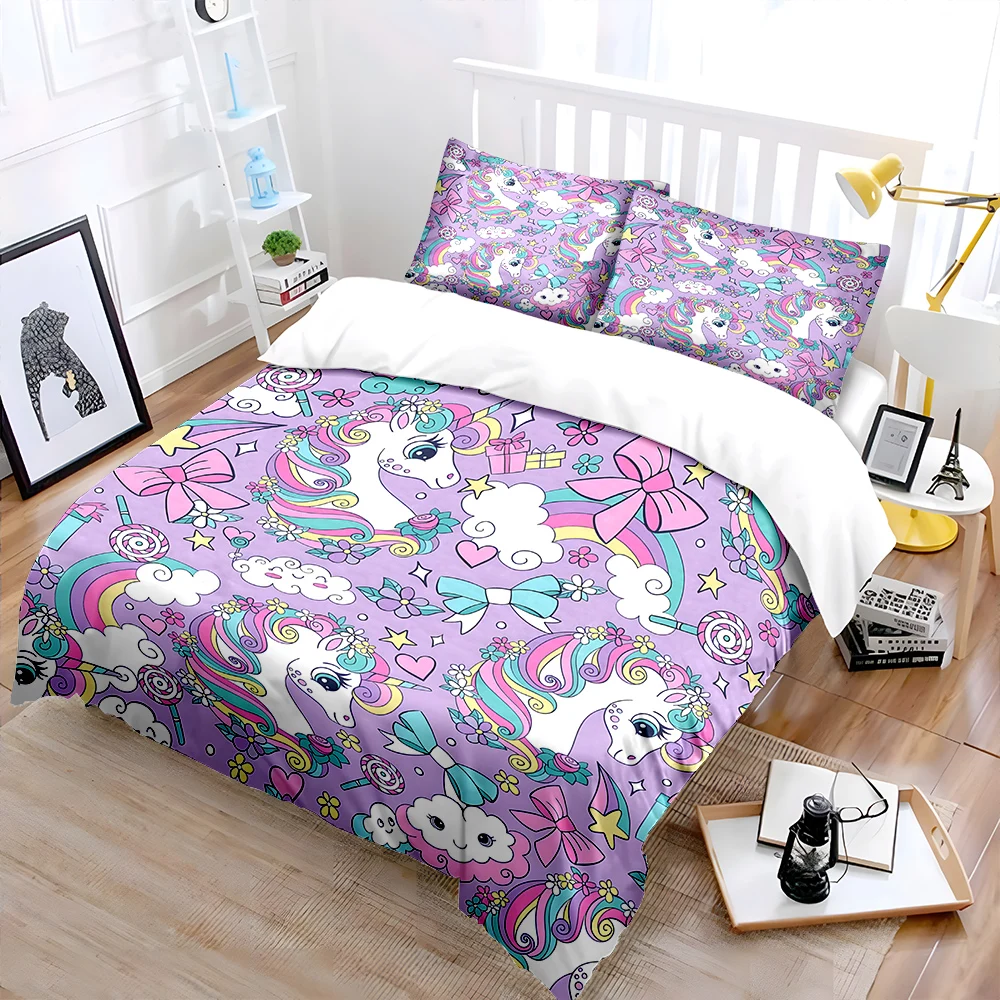3pcs Dreamy unicorn and pink bow Print Bedding Set 1 Duvet Cover 2 Pillowcases for Adult and Children Luxury Gift Full Size
