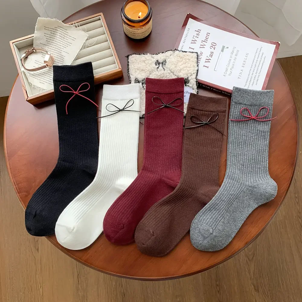 Gray Red Socks Women Autumn and Winter Retro Cotton Knitted Middle-tube Socks Bowknot Japanese Kawaii Cute Socks Christmas Gifts