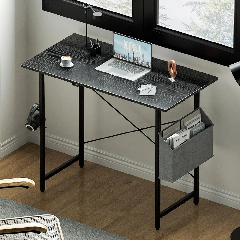 Mesa do computador para espaços pequenos, saco do armazenamento, mesa do trabalho do escritório home, gancho do fone de ouvido, 32"