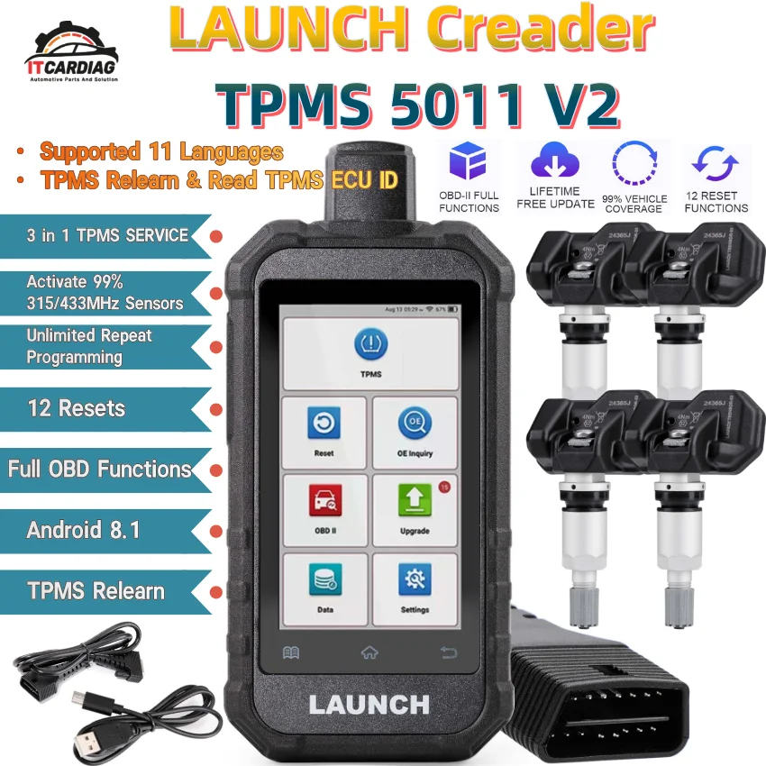 Launch Creader 5011 V2 TPMS Activation with RF-Sensor 315/433MHZ WIFI 12 Reset FULL OBD Function Free Update PK CRT5011E