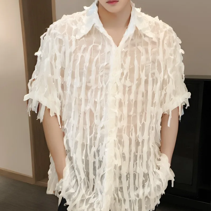 Summer Thin Hollow Out Men Shirts Short Sleeve Loose Casual Shirt Nightclub Stage Performance Social Streetwear Men Clothing