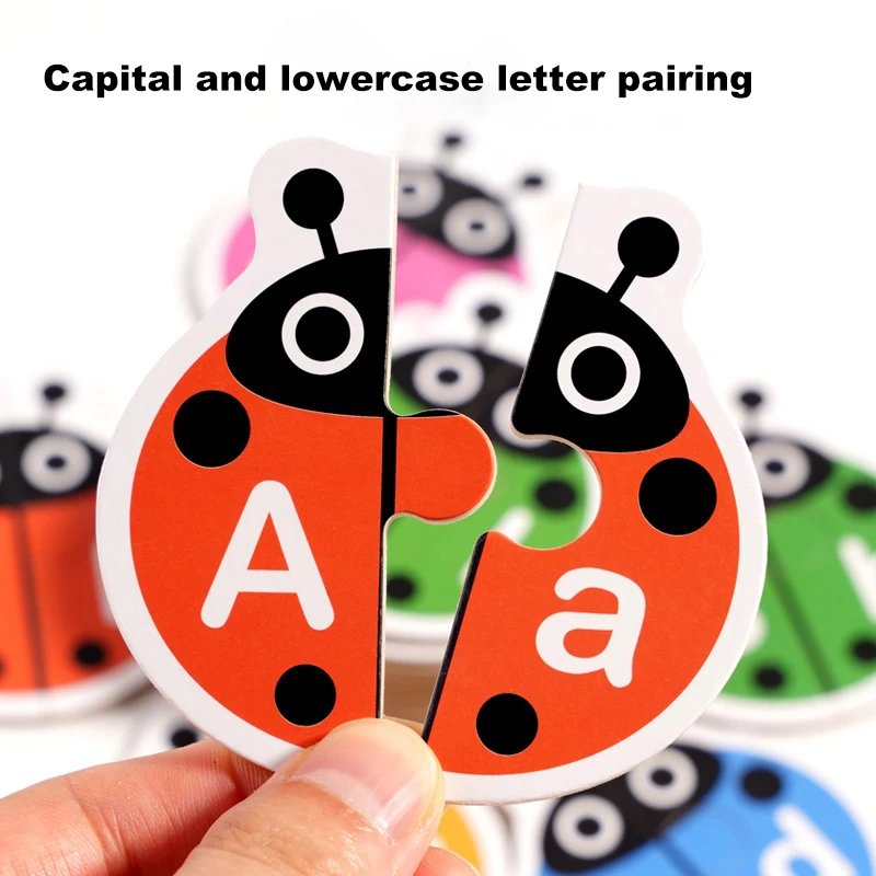 Wooden Ladybug Alphabet Matching Puzzle, Double Sided Cards, Words And Letters Learning Toy for Kids, Interactive Tabletop Game