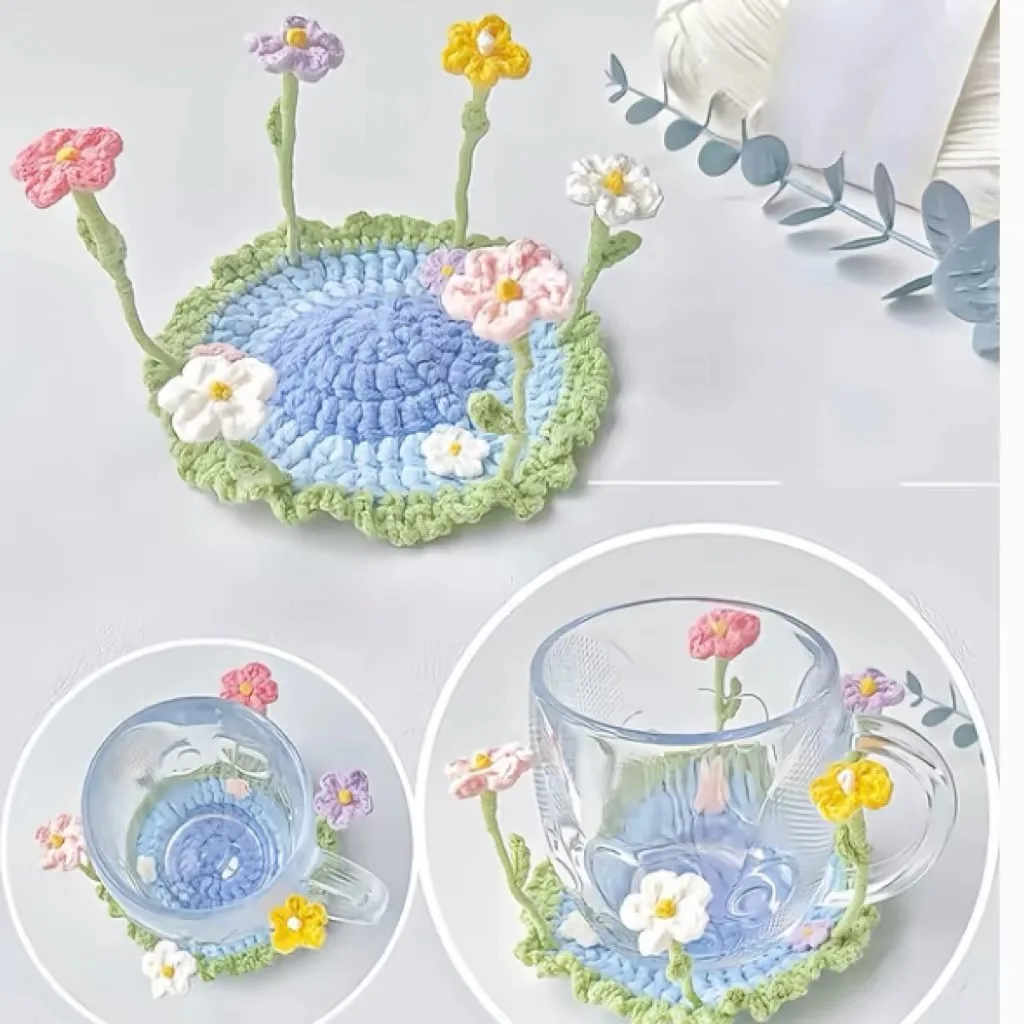 Flipping through coasters hand crocheted small floral coffee mats personalized beauty gifts DIY small garden desktop insulation