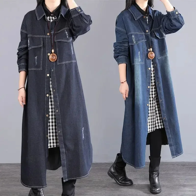 Große Größe frauen Koreanische Denim Hemd Kleid Frühling Lose Lange Denim Mantel Weibliches Hemd Lange Kleider einreiher JJ628