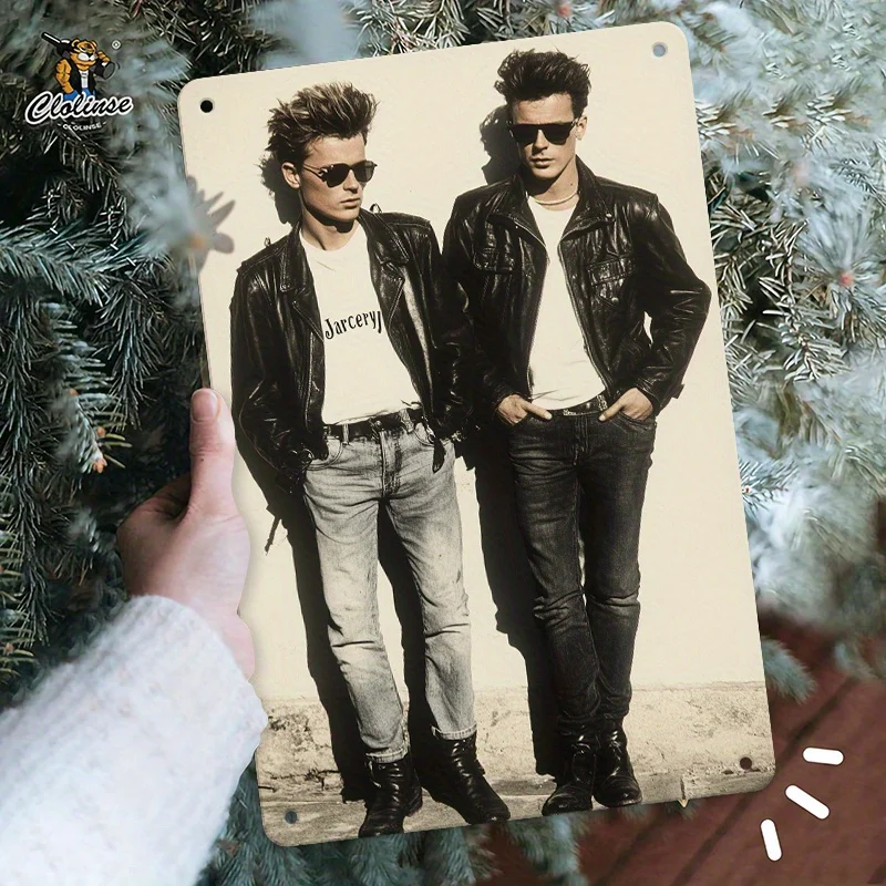 Retro Punk Style Men's Metal Iron Sign, , Featuring Classic Leather Jacket and Denim Jeans with Unique Hairstyle Elements, Pe