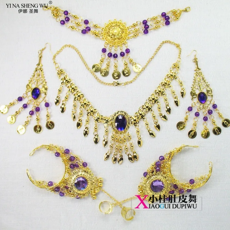 Dance Accessories Indian Dance Belly Dance Necklace Bracelet Earrings Head Chain Six-piece Dance Performance Jewelry Set Women