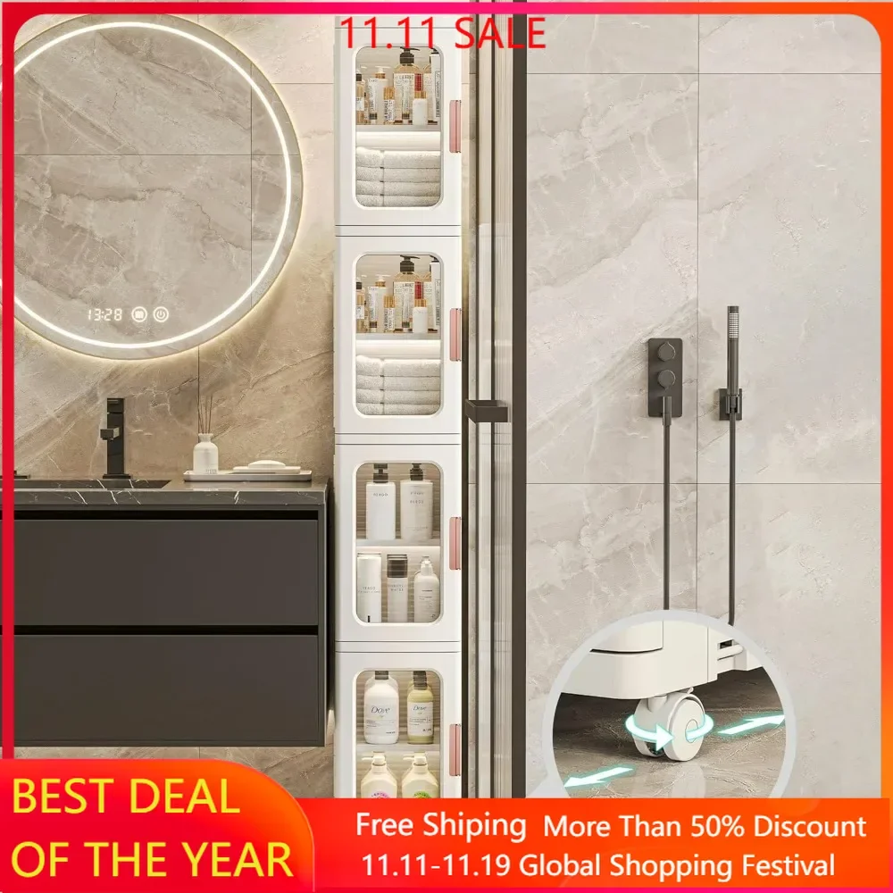 

Bathroom Storage Cabinet with Doors and Shelves, Narrow Bathroom Storage Organizer Movable Freestanding Linen Tower Cabinet