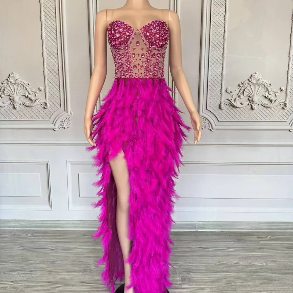 

Luxury Sparkle Rhinestone Feather Sexy Red Nude Mesh Dress Women Elegant Evening Party Birthday Photoshoot Stage Costume