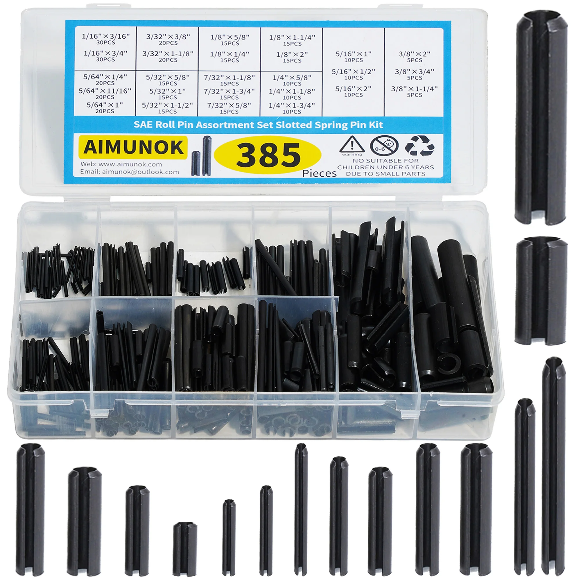 385pcs Roll Pin Set, Split Expansion Pin Assortment Kit for Home Improvement Automotive Repair & More, 3/32 5/16 3/8 1/4 7/32