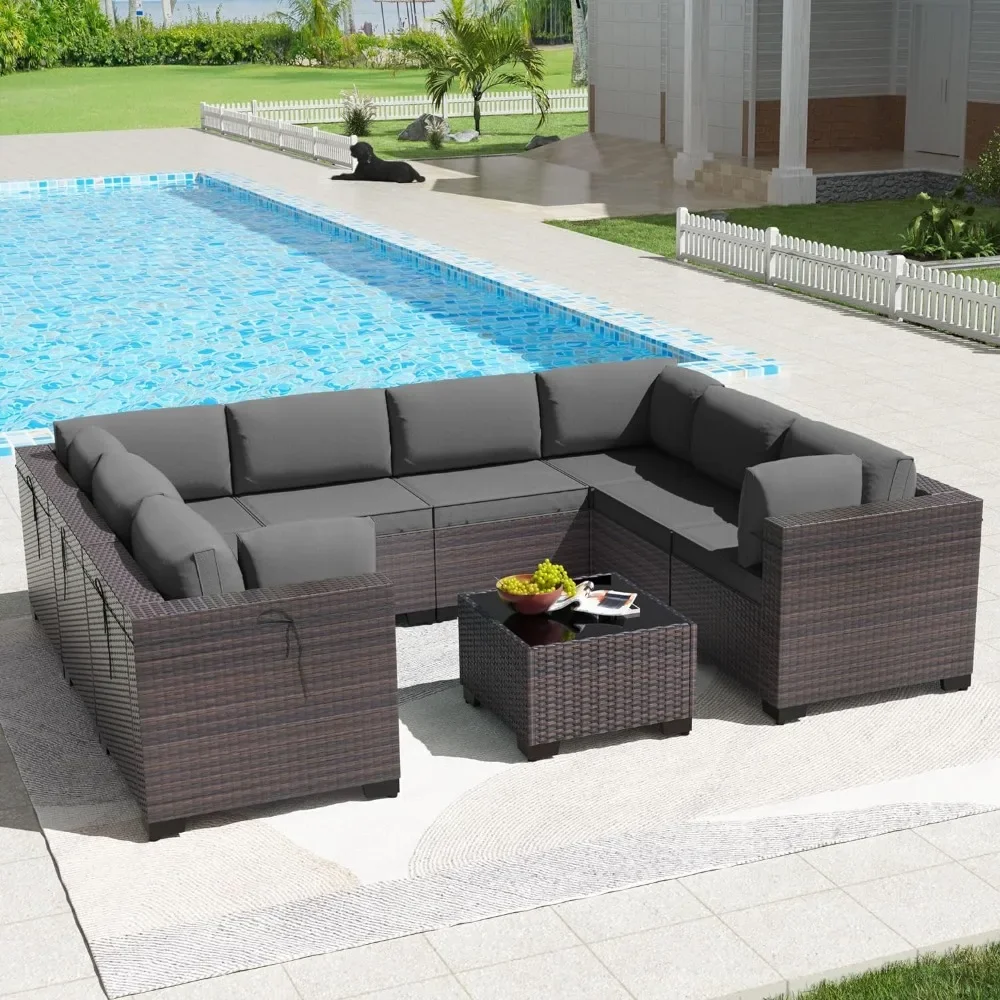 9 Pieces Outdoor Patio Furniture Set Outdoor Sectional Rattan Sofa Set Wicker Patio Conversation Set