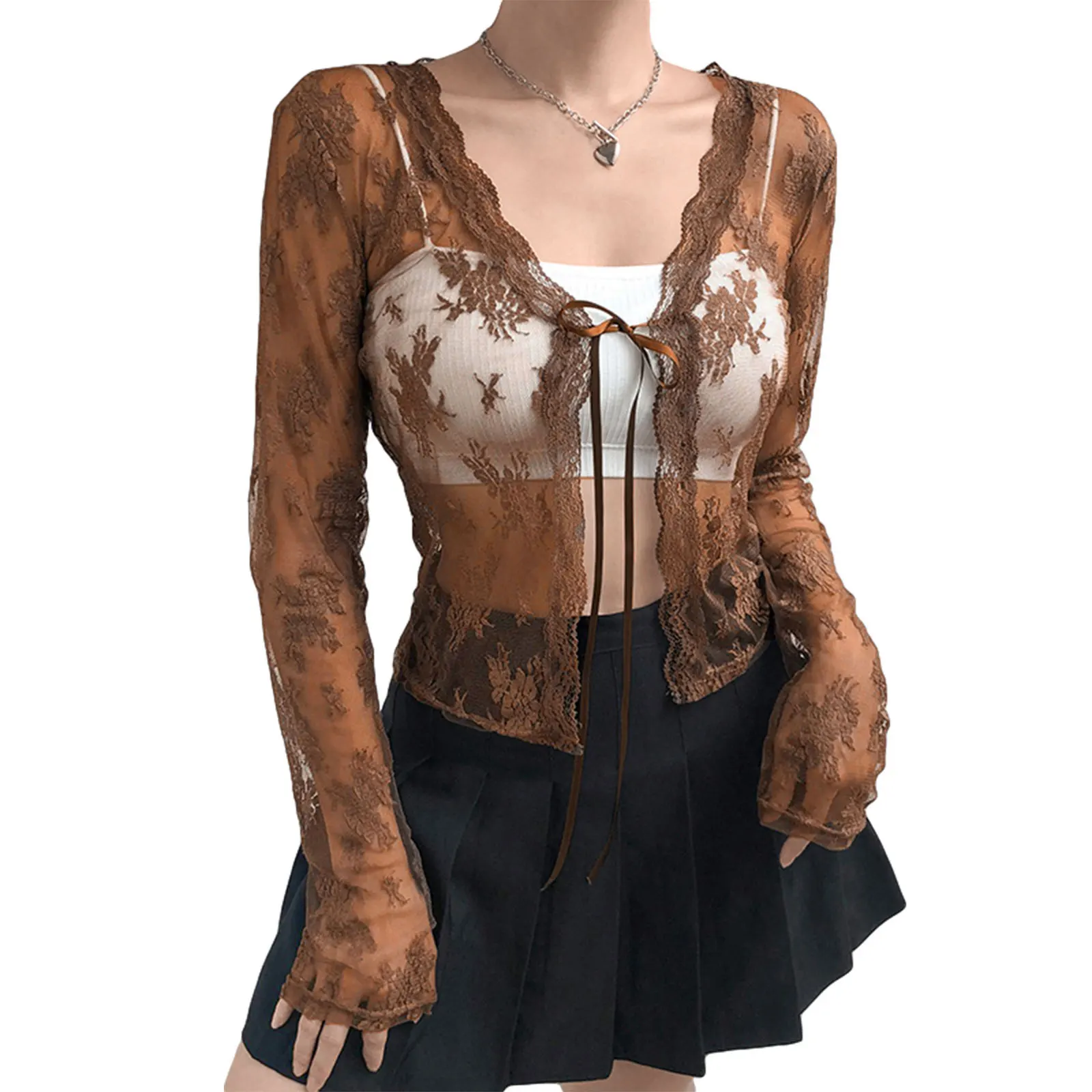 

Women's Y2KL Aesthetic Sexy Transparent Shrugging Casual Everyday Long Sleeve Lace Up Floral Lace Short Cardigan