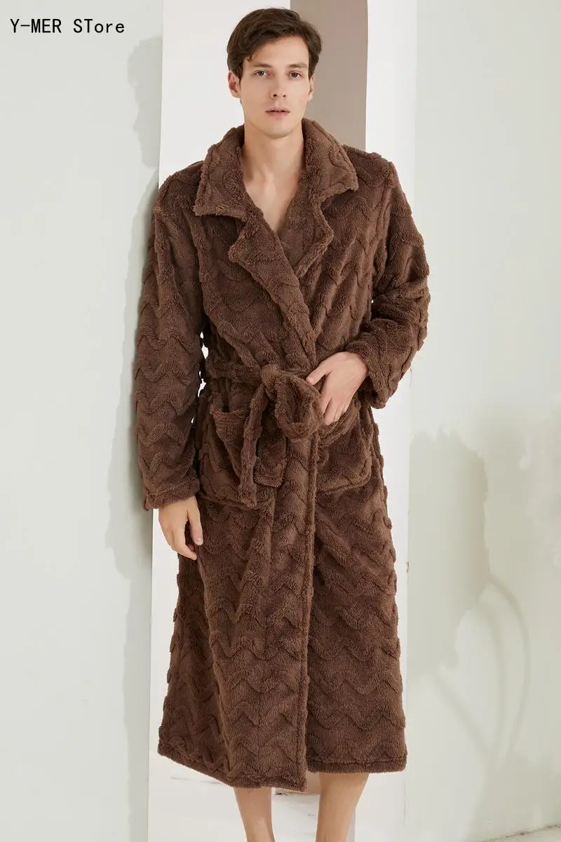Unisex Couple Long Flannel Bathrobe Thickened Warm Kimono Gown Solid Color Belted Loungewear for Men Women Autumn Winter