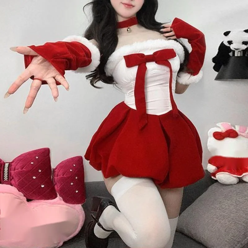 

Christmas Party Velvet Dresses Women Red Strapless Dress Autumn Winter Outfit Sweet Little Holiday Elegant Partywear Dresses New