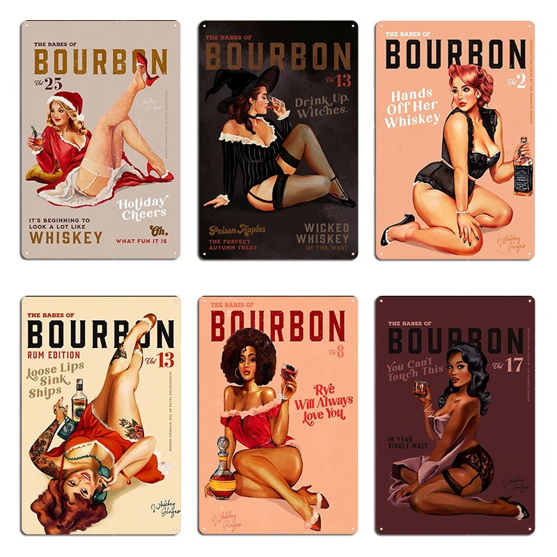 The Babes Of Bourbon Hands Off Her Whiskey Curvy Vintage Pinup Girl Loose Lips Sink Ships Metal Living Room Cave Tin Sign Poster