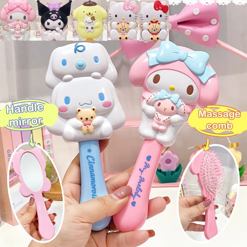 Sanrio-Espejo de maquillaje de mano para mujer, peine de Airbag de masaje de dibujos animados, herramienta de belleza portátil, peine de pelo Kawaii, regalos de vacaciones