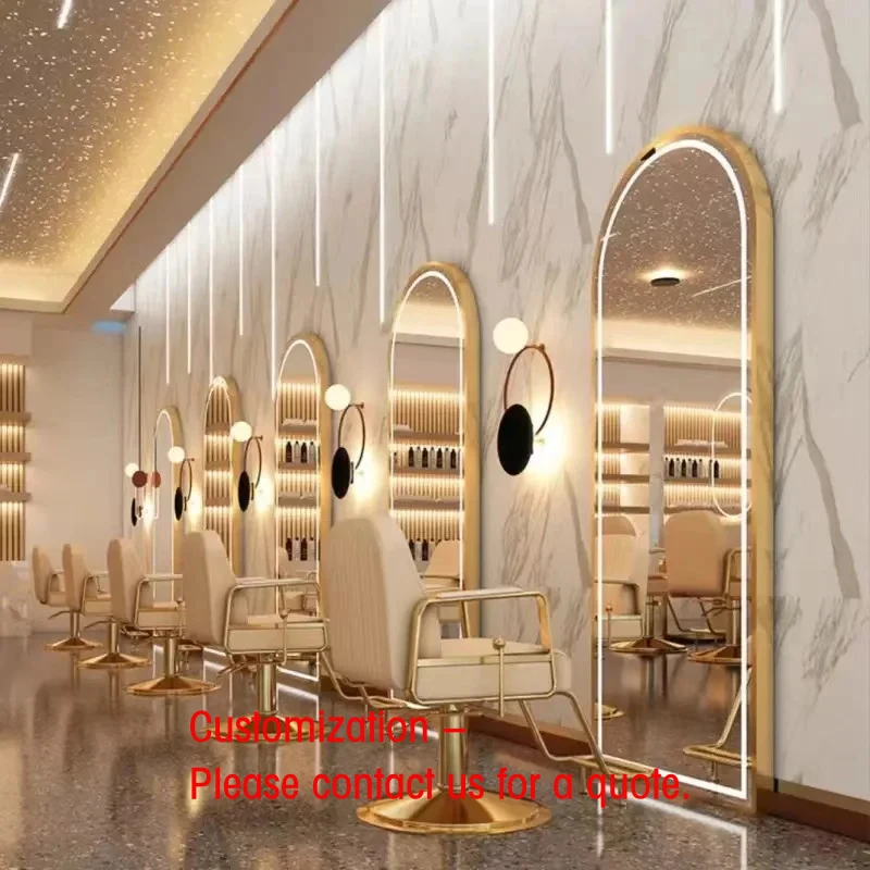 custom.K Floor European Wall Style Modern Mounted Simple LED With Light Hotel Hair Cutting Barber Salon Gold Mirror