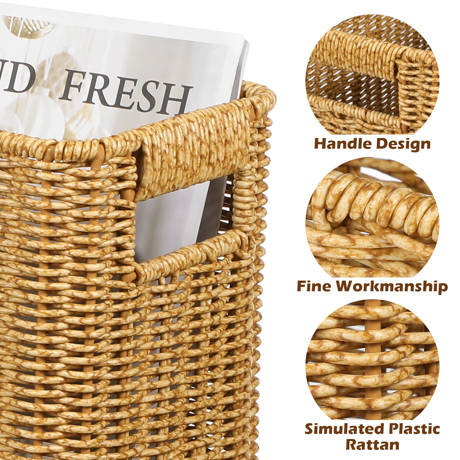

Imitation Rattan Woven Storage Basket Desktop Hollow Handle Large Capacity Sundries Organizer Decorative Bin Woven Basket